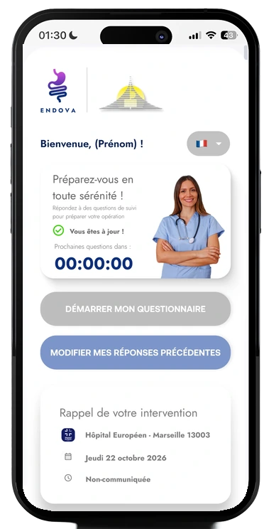 Espace patient Endova sur téléphone : questionnaire de suivi, compte à rebours avant les prochaines questions, rappel de l'intervention